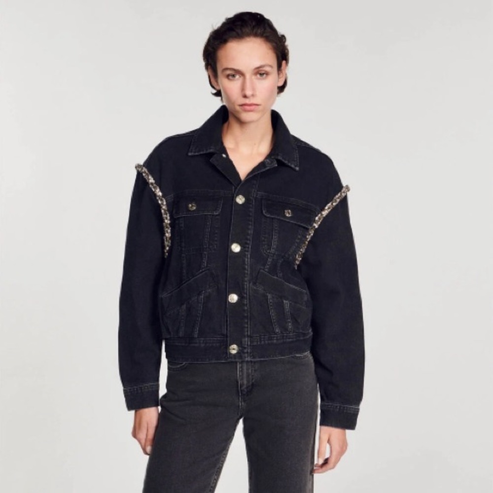 Sandro Oversized Black Denim Jacket with Beading